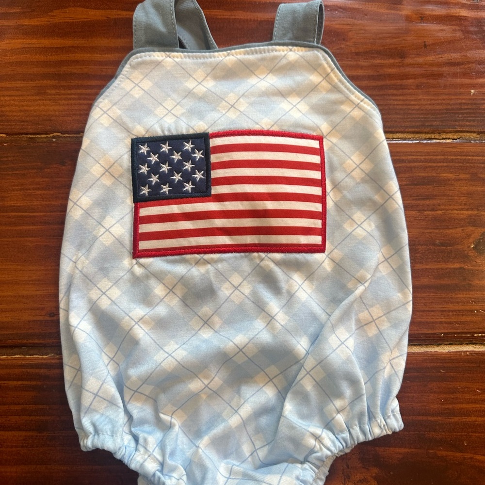 Abby and Evie Newborn Light Blue Romper with American Flag Patch
